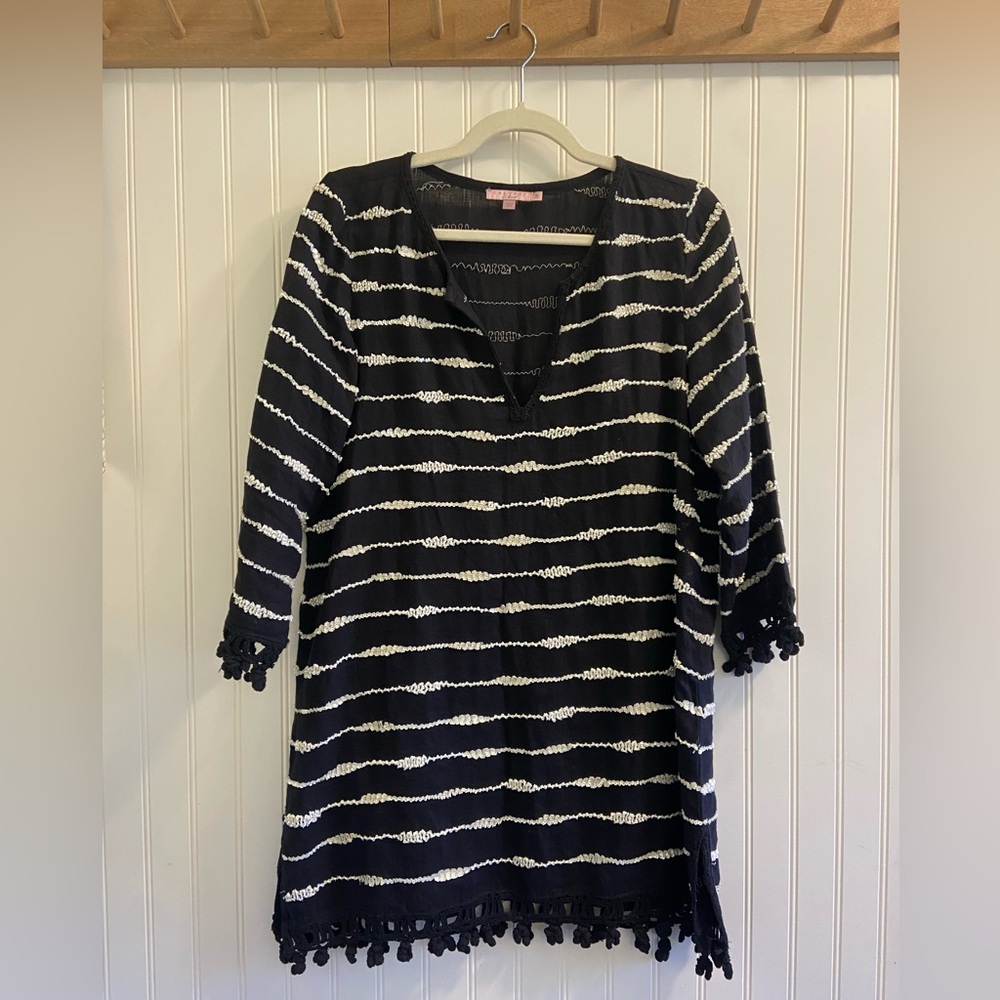 Calypso St Barth Black Linen Swim Cover Up Dress White Beads Sequin Striped S